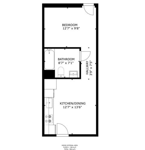 Floor plan for studio, 1 bath